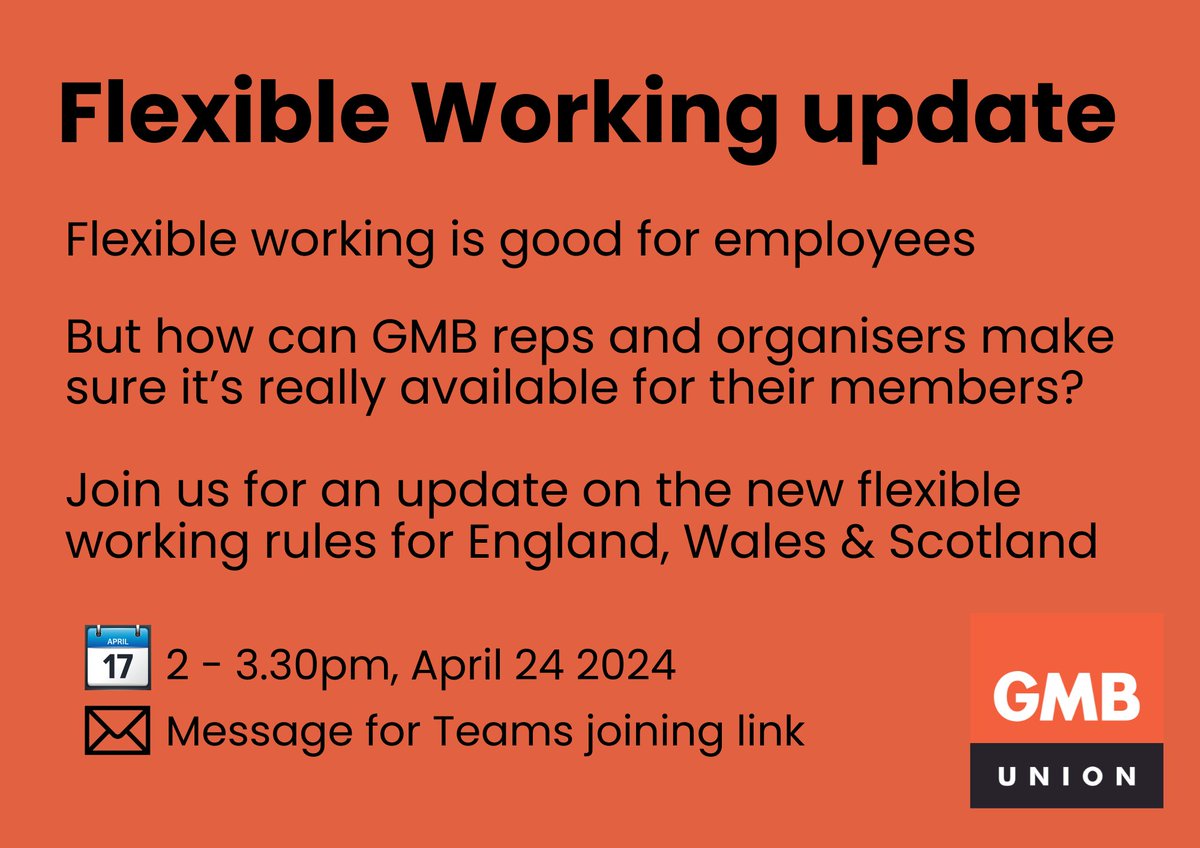 👩‍⚖️ New flexible working rules came into place on April 6th 💪How can @GMB_union activists make sure members can access flexible working? 💻 Join us on April 24 to find out. DM for joining link