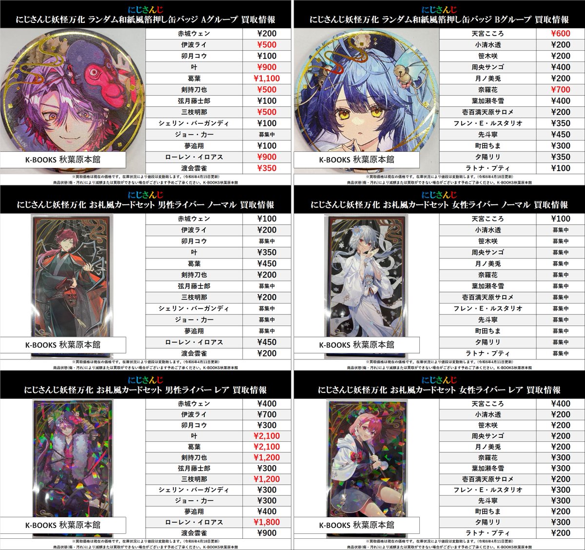 買取情報】 にじさんじ 妖怪万化 和紙風箔押し缶バッジ 花札風カード