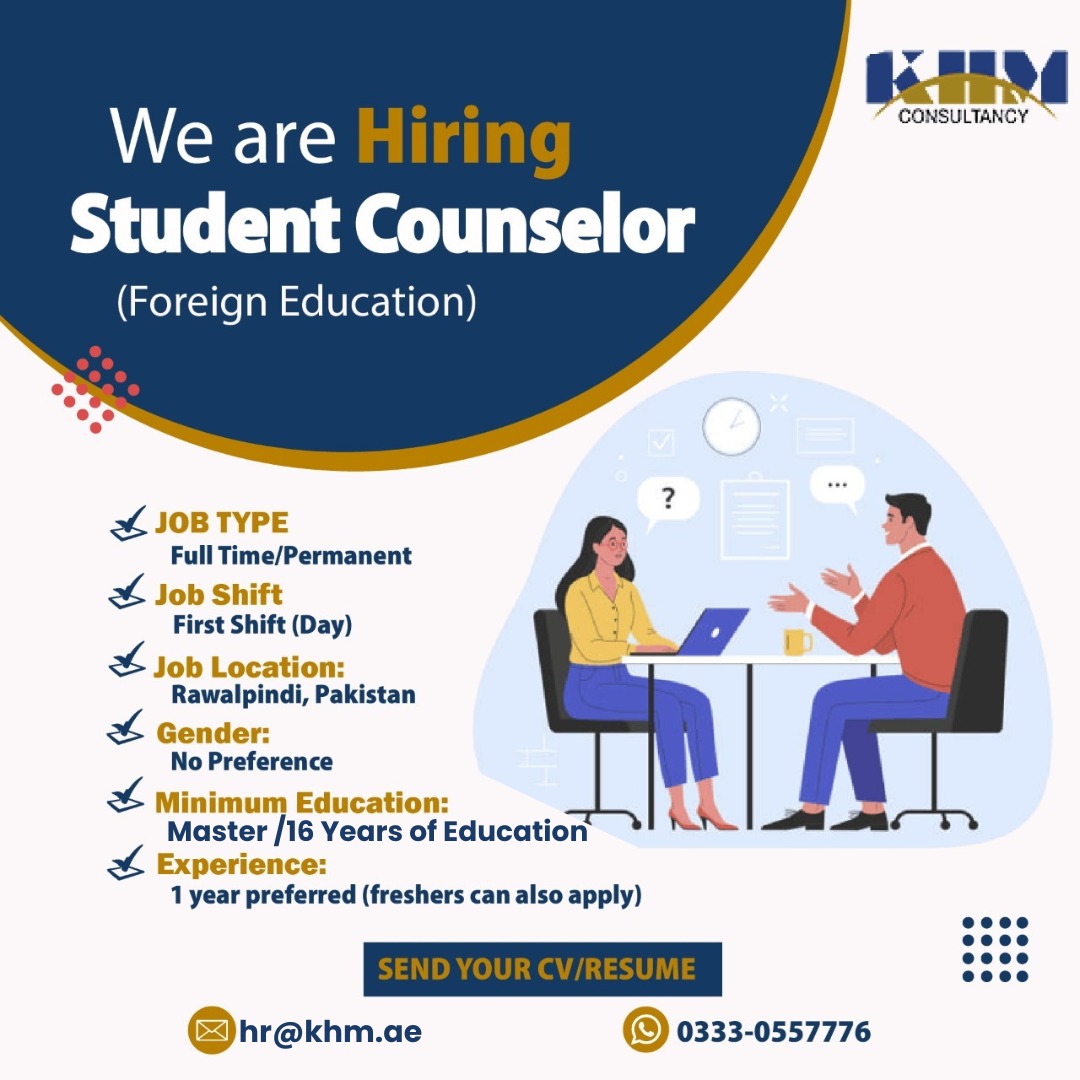ConsultancyKhm's tweet photo. Join Our Team, We're Hiring In Rawalpindi!
Student Counselors:
To apply, please send your resume and cover letter to https://t.co/NjcQKB6EL9 with the subject line: [Job Title] Application.
#NowHiring #JobOpening #JoinOurTeam #StudentCounseling #CareerOpportunity #JobSearch https://t.co/nZSLW7troV
