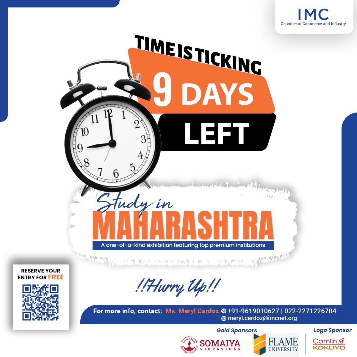 Just 9 days to go!

Mark your calendars as you wouldn't want to miss Maharashtra's premier educational exhibition.  

🗓️ 27th April, 2024
🕰️ 10:00 AM - 06:00 PM 
📍 Walchand Hirachand Hall, 4th Floor, IMC Building, Churchgate, Mumbai

Register At: imcnet.org/events-2267

#IMC