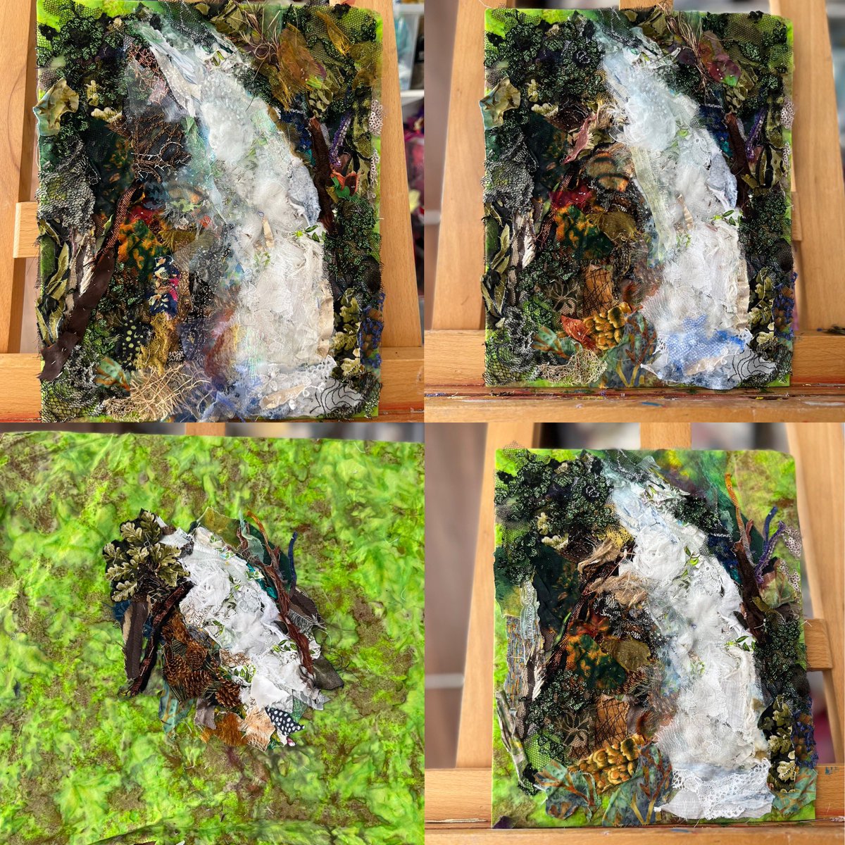 Here are the stages of development of the #waterfall with the finished image top left! #textiles #textileart