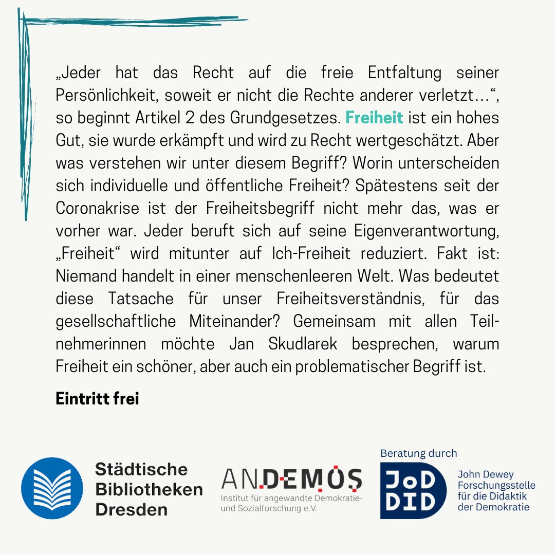 Der Eintritt ist frei. Wir freuen uns auf eure Anmeldung unter zentralbibliothek@bibo-dresden.de. Mehr Informationen findet ihr auf andemos.eu/veranstaltung/…
#PolitischeBildung #AufsuchendeWissenschaft #Gleichheit #Sachsen #Dresden