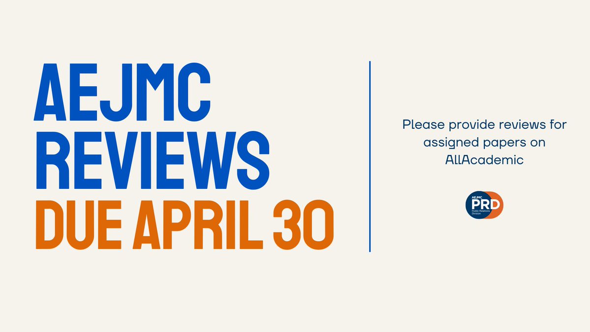 The deadline to submit reviews for the 2024 @AEJMC paper competition is coming up! If you've been assigned papers, please log into AllAcademic and complete reviews by April 30. We appreciate you taking the time to provide thoughtful, constructive feedback to support our authors.
