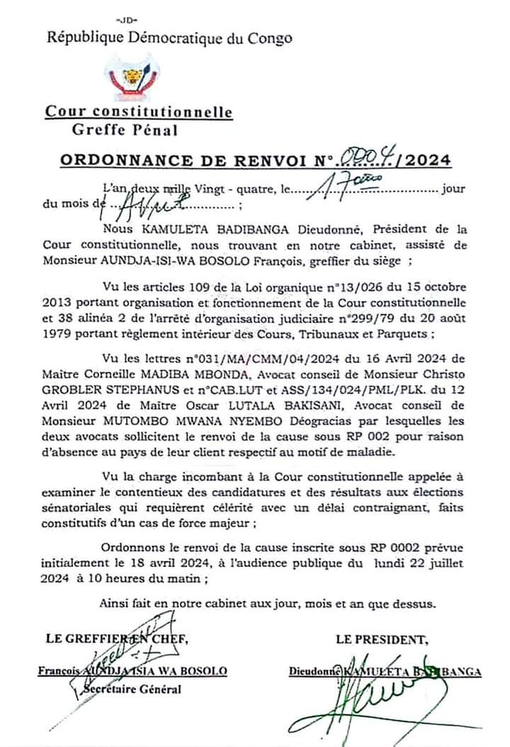 #RDC : l'audience publique dans l'Affaire #Bukangalonzo renvoyée au 22 juillet par la Cour constitutionnelle.