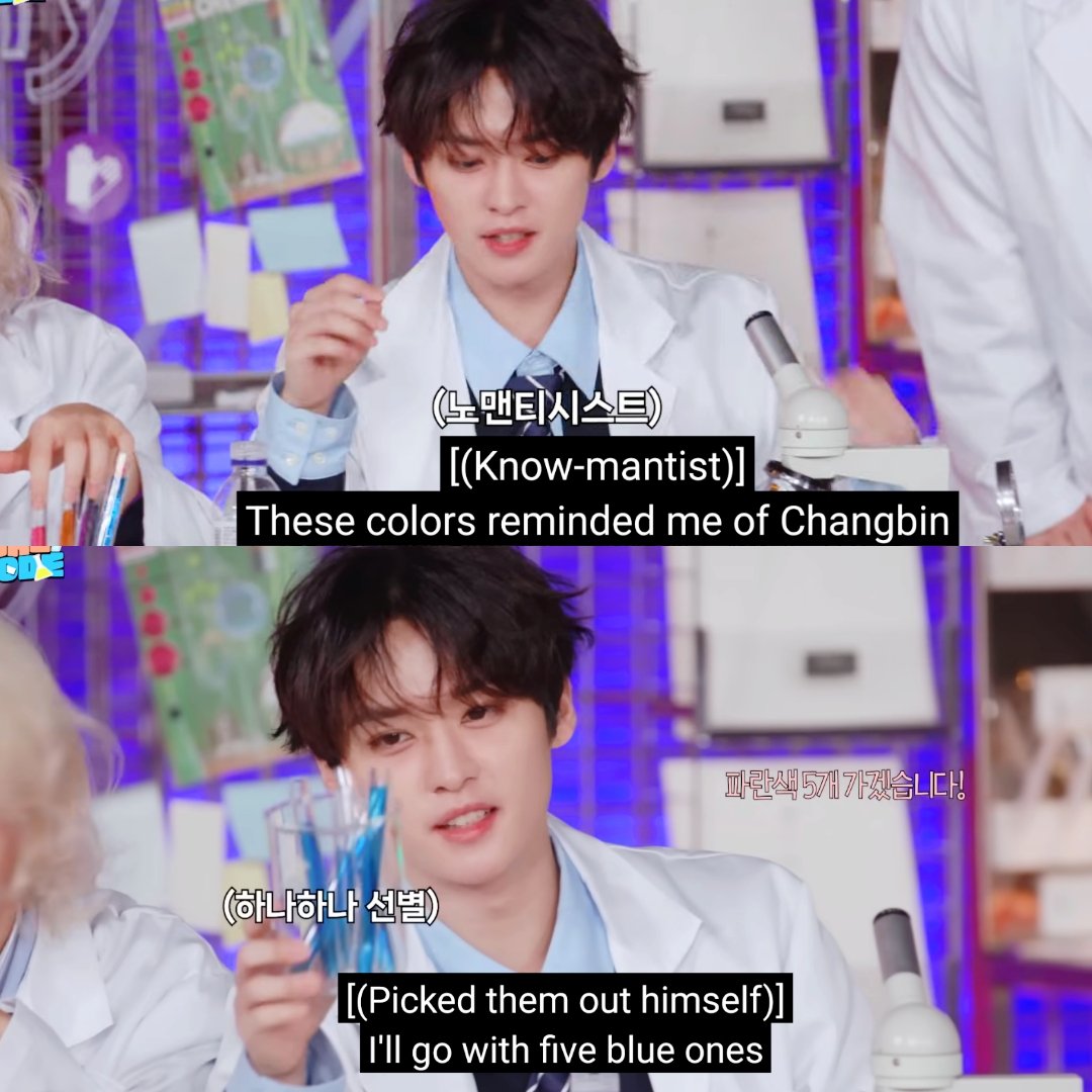 Lee Know bet on all pink/purple coloured test tubes because it reminded him of Changbin which means he did bet on all blues last week cause he thinks it suits Seungmin too aka making it his representative color 🤭