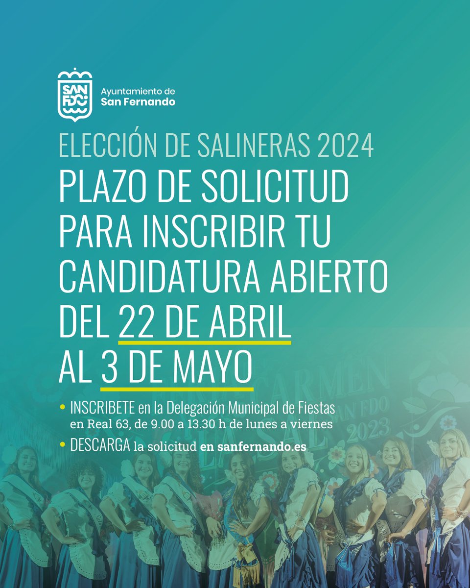 ✅️#SFDO_Fiestas ⏩️ ¡ABRIMOS EL PLAZO DE INSCRIPCIONES A SALINERA 2024! 💃 👉🏼 Inscríbete acudiendo a la Delegación Municipal de Fiestas en Calle Real n°63 📍 de 9.00 a 13.30 horas 🕐 de lunes a viernes. 👉🏼 Descárgate en sanfernando.es/ayto/ 📎