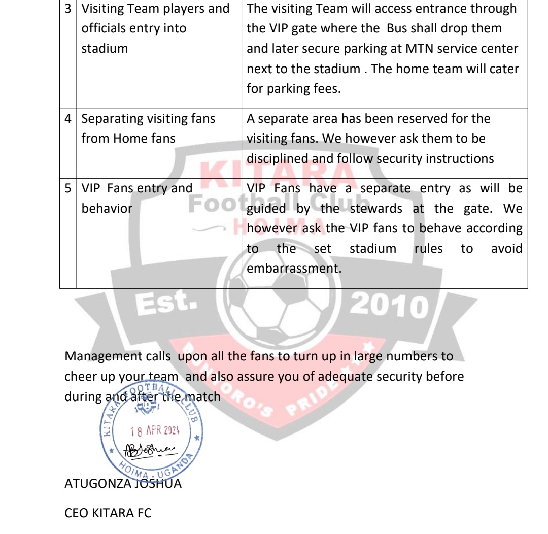 The security question has been addressed and no need to worry as usual. You can now watch our encounter with Vipers tomorrow without being skeptical. #PrideOfBunyoro