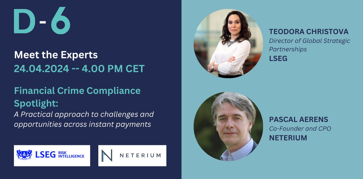 𝐃-𝟔 before our 'Meet The Experts” with our partner @LSEGplc

Join T. Christova, Director of Global Strategic Partnerships at LSEG & @PascalAerens CPO @neterium discussing the challenges & opportunities across #instantpayments

🗓April 24th - 4 PM CET
🔗solutions.lseg.com/expertsseries