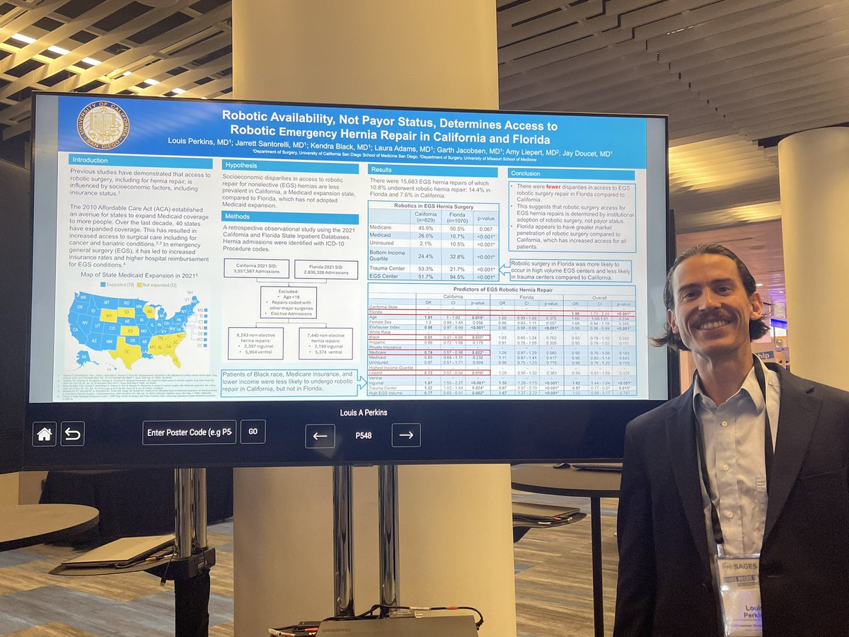 Our resident Dr Louis Perkins and his @SAGES_Updates poster on his insightful work on disparities in access to Emergency robotic hernia repair: Florida versus California - hospital robotic surgery availability and not Medicaid expansion drives access to EGS robotics #SAGES2024