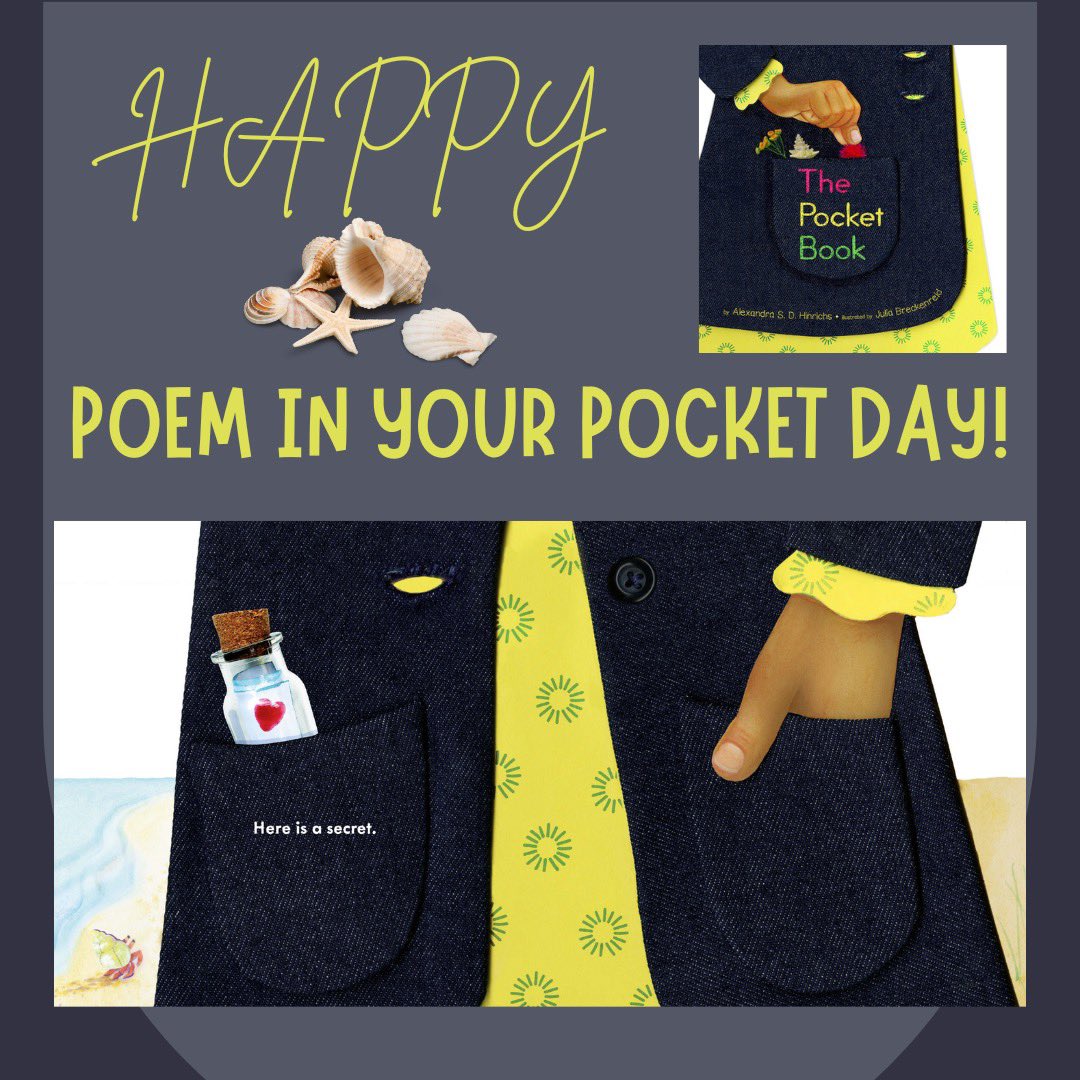 Happy #PoemInYourPocketDay (4/18/24)! Tuck a poem in your pocket, spread a little happiness in a pocket-sized way. Looking for a #picturebook to read today? Try THE POCKET BOOK! Written by me (@puddlereader) illustrated by @breckenreid. What poem would you like in your pocket? 🌻