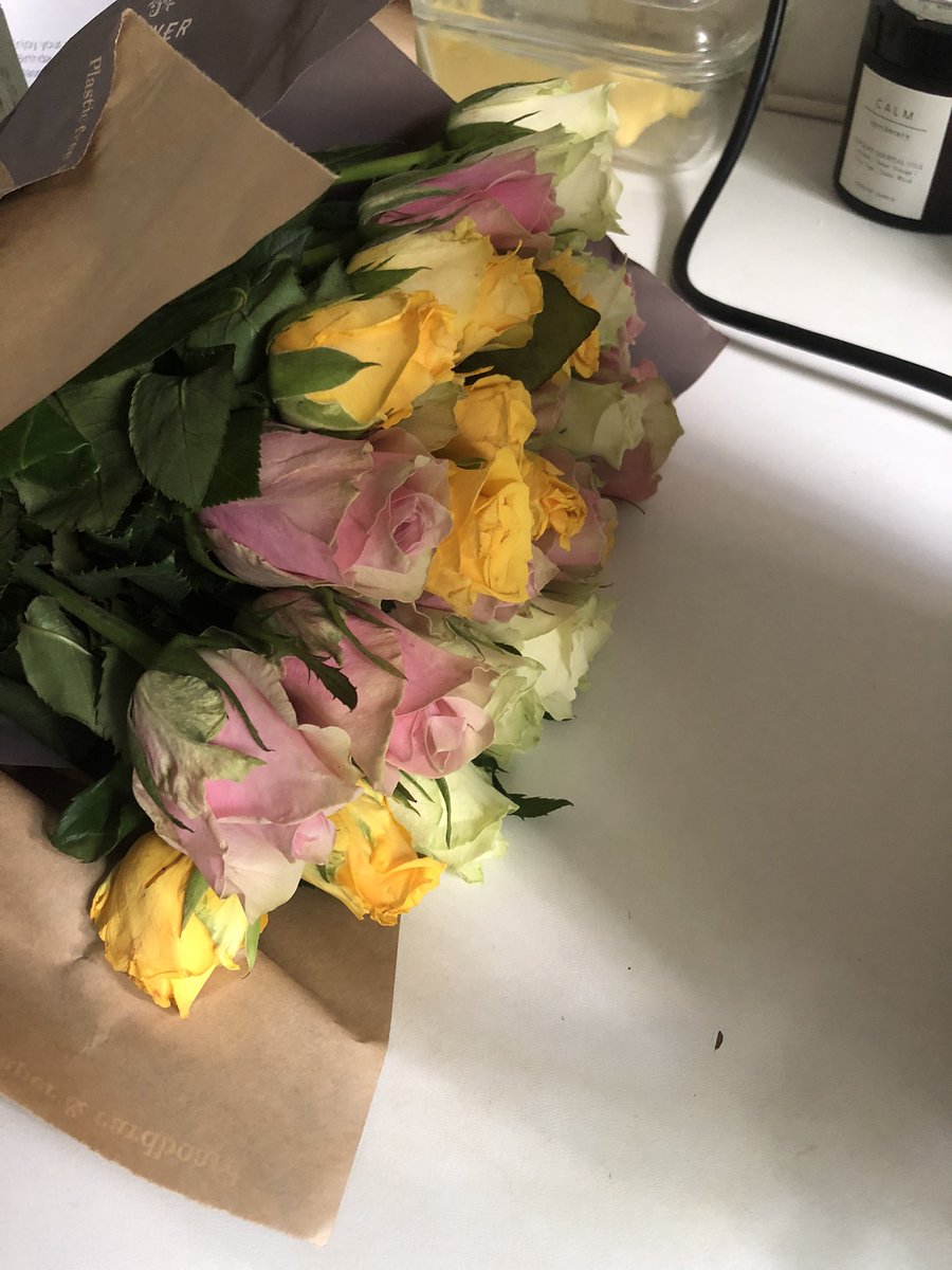 Katrautie's tweet photo. @marksandspencer  this was how dpd delivered fragile flowers. @dpduk_ Then to top it off they had zero water and are a wilted mess. What an awful start to a birthday! https://t.co/qBmf92H5wT
