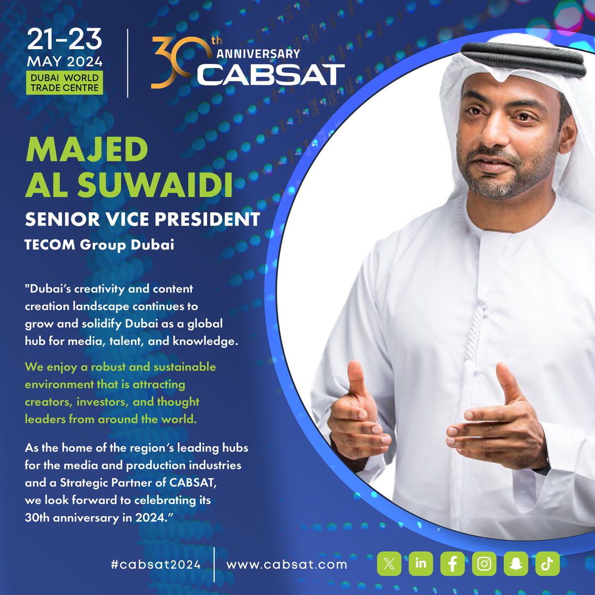 Join industry leaders like Majed Al Suwaidi, MD of Dubai Media City, at #CABSAT for groundbreaking insights. Don't miss out on the region's premier event for media, entertainment, and satellite industries. Register now: 🔗 bit.ly/3JlnYSv #media #entertainment #satellite