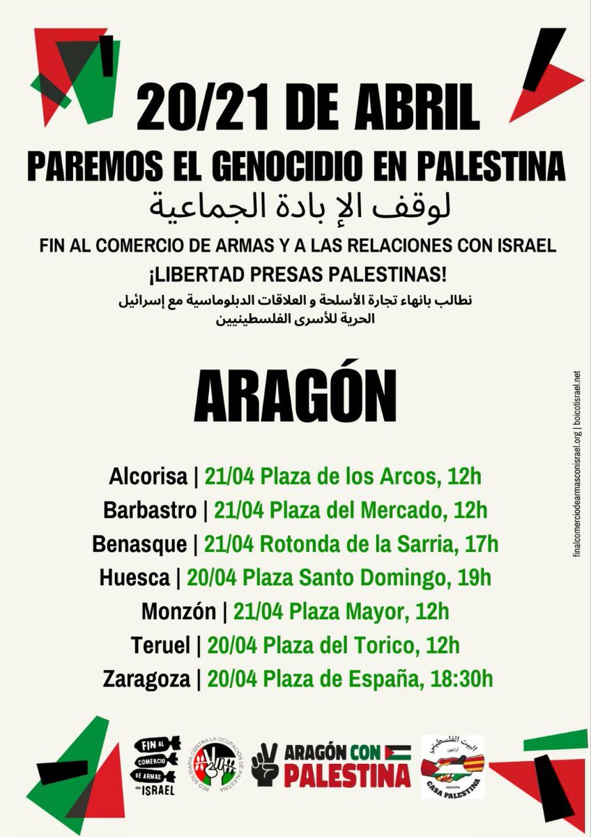 Paremos el #GenocidioEnPalestina. Este fin de semana concentraciones en toda Aragón para apoyar la protesta internacional por #Gaza