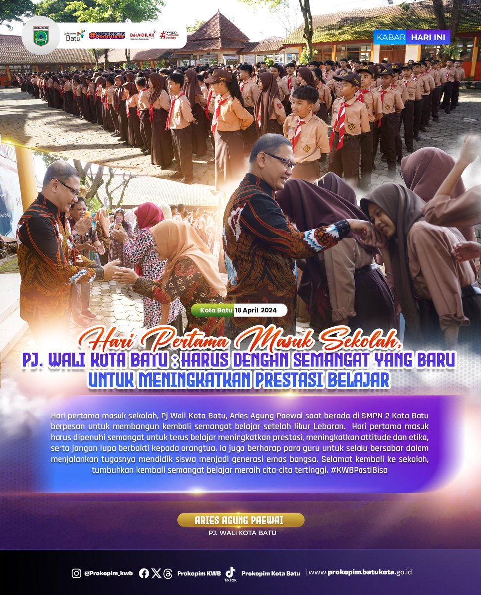 Hari pertama masuk sekolah, Pj Wali Kota Batu, saat berada di SMPN 2 Kota Batu berpesan untuk membangun kembali semangat belajar setelah libur Lebaran. Hari pertama masuk harus dipenuhi semangat untuk terus belajar meningkatkan prestasi, meningkatkan attitude dan etika.