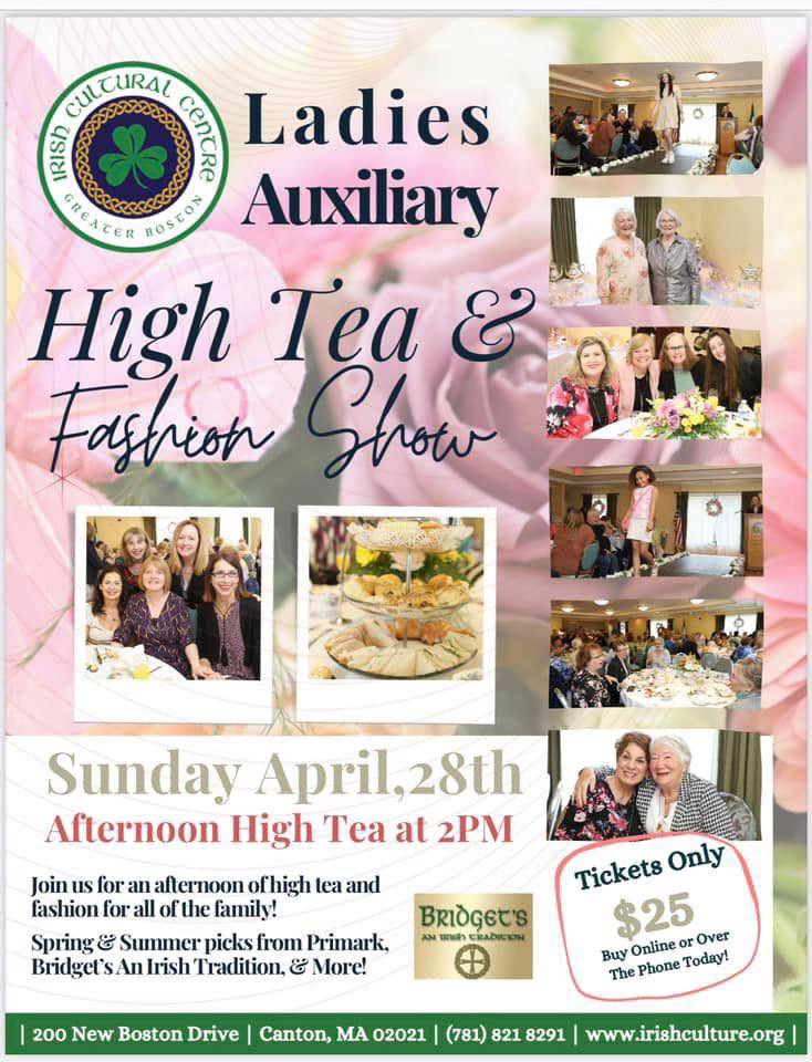 Please join us - April 28th at the Irish Cultural Centre/Canton, presented by the ICC's Ladies Auxiliary. The fashion selections have been made; we hear there's quite a lineup of local models to walk the runway. 
For tix, call the ICC at 781-821-8291
#afternoontea #irishculture