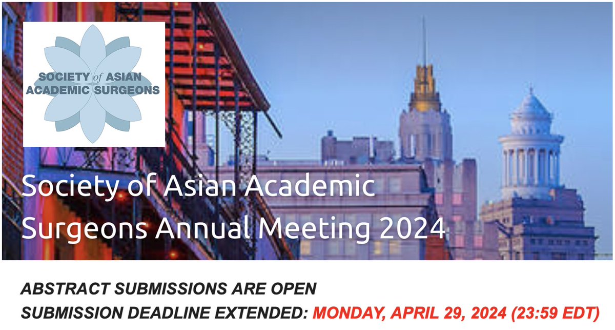 SocAsianAcadSurg (@asianacadsurg) on Twitter photo It's not too late to submit your exceptional work 📊🔬🧫 to the 2024 SAAS Annual Meeting.
Abstract Submission Deadline extended until 4/29.
#AcademicSurgery <a href="/JSurgRes/">Journal of Surgical Research</a> It's not too late to submit your exceptional work 📊🔬🧫 to the 2024 SAAS Annual Meeting.
Abstract Submission Deadline extended until 4/29.
#AcademicSurgery <a href="/JSurgRes/">Journal of Surgical Research</a>