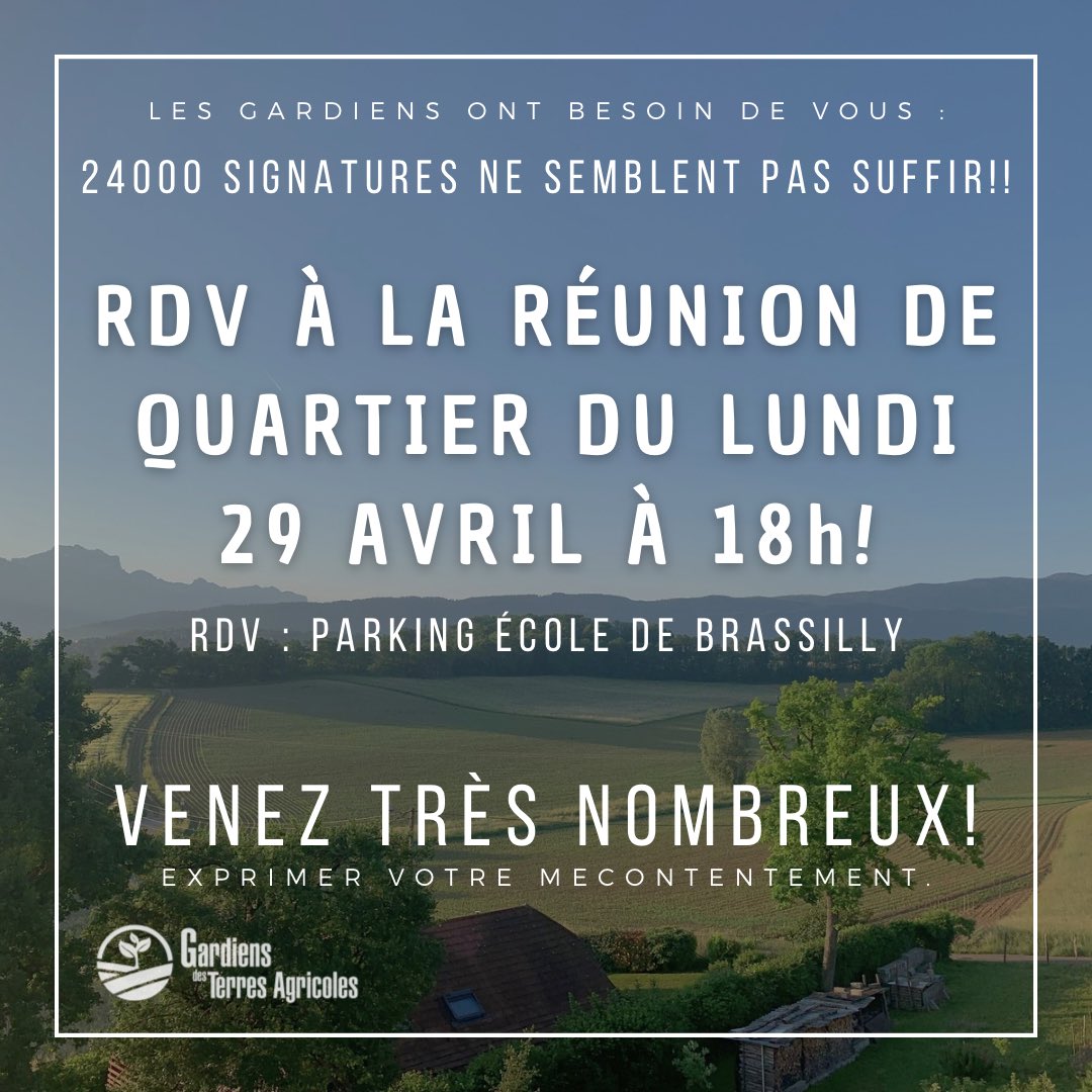 GBrassilly's tweet photo. ‼️ PARTAGEZ EN MASSE‼️

💪 Nous sommes incroyablement fiers de nos 24 000 signataires de la pétition des Gardiens des terres agricoles.

📢 Rendons notre union plus solide! Les gardiens vous encouragent à vous joindre à eux lors de la réunion publique prévue le 29 avril à 18h! https://t.co/r1heYA7rEW