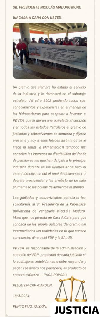 Los jubilados y sobrevivientes petroleros le exigimos un un CARA A CARA con Sr. Presidente <a href="/NicolasMaduro/">Nicolás Maduro</a>