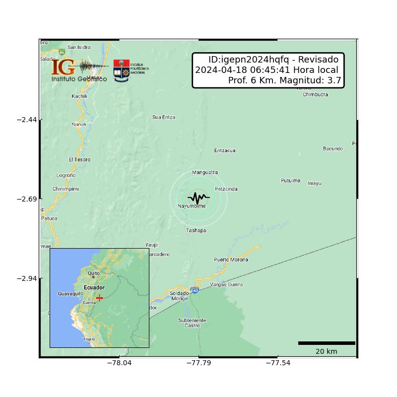 #SISMO ID:igepn2024hqfq Revisado 2024-04-18 06:45:41 TL Magnitud: 3.7 Profundidad: 6 km, a 49.28 km de Sucua, Morona Santiago, Latitud: -2.69 Longitud:-77.79 Ecuador. Sintió este sismo?