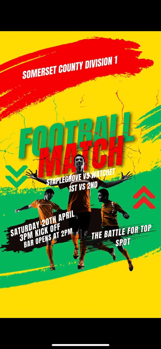 Staplegrovefc's tweet photo. ⚽️ SOCCER SATURDAY! ⚽️

1sts finish the season v @watchettownfc knowing a win secures the @somersetcfl division 1 title! 

Watchet also with title ambitions have to win to stay in the race! 

15:00pm K.O - 1st v 2nd @ Manor Road, TA2 6EQ 

BAR OPEN! 🍻

⚽️💚💛

#PackTheGrove #UTG https://t.co/KVNo73Rih8