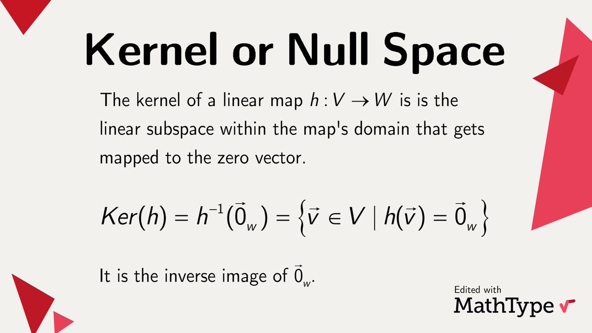 Null space is an essential tool in linear algebra, as it provides insight into the properties of a linear transformation. For example, if the kernel of a linear transformation is trivial, then the transformation is injective. #MathType #math #mathematics #mathfacts