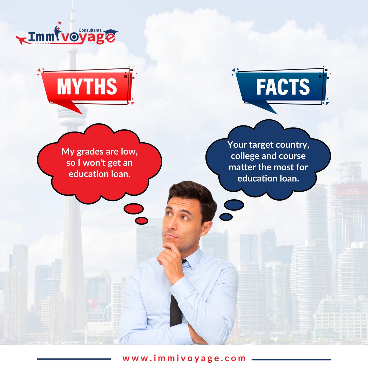 Don't let myths hold you back! Education loans consider more than just grades. 

Explore the right country, college, and course for your dreams. 🧐

#EducationFinance #MythVsFact #immivoyage #studyvisa #canadastudyvisaexpert #immigrationservices #visaexpert