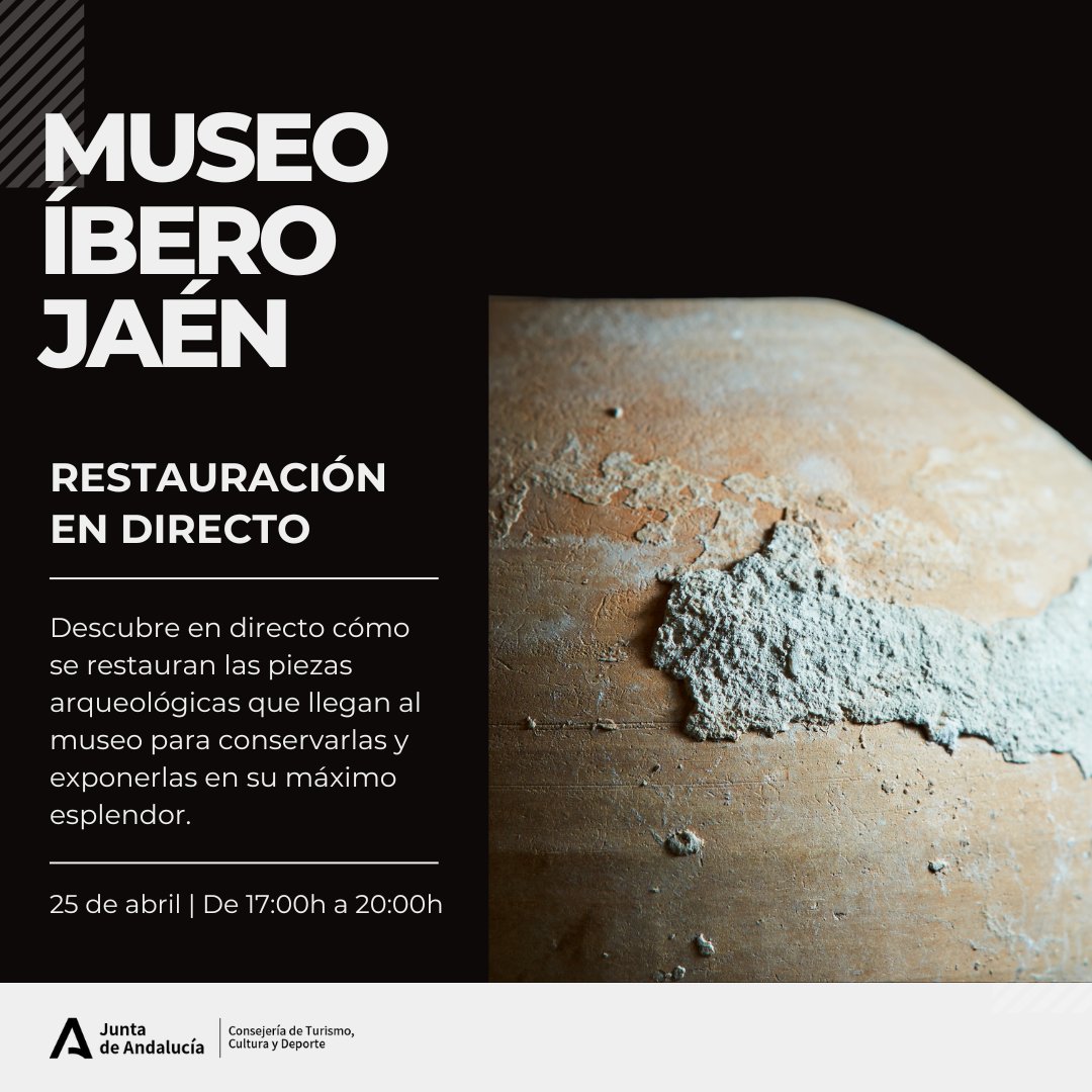 Restauración en directo en el Museo Íbero 📆 El 25 de abril de 17 a 20 horas se restaurarán diversas piezas en directo para que el público conozca las técnicas que se utilizan para preservar este tipo de piezas arqueológicas en su máximo esplendor @CulturaAND @culturayPHJaen
