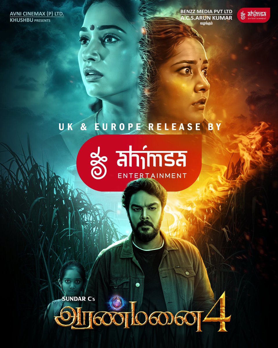 Make way for Sundar C’s signature mix of comedy and horror in #Aranmanai4, releasing in the UK and Europe by #AhimsaEntertainment. Who’s ready to see #Tamannaah and #RaashiKhanna shine on the big screen from May 3! ✨😍🙌