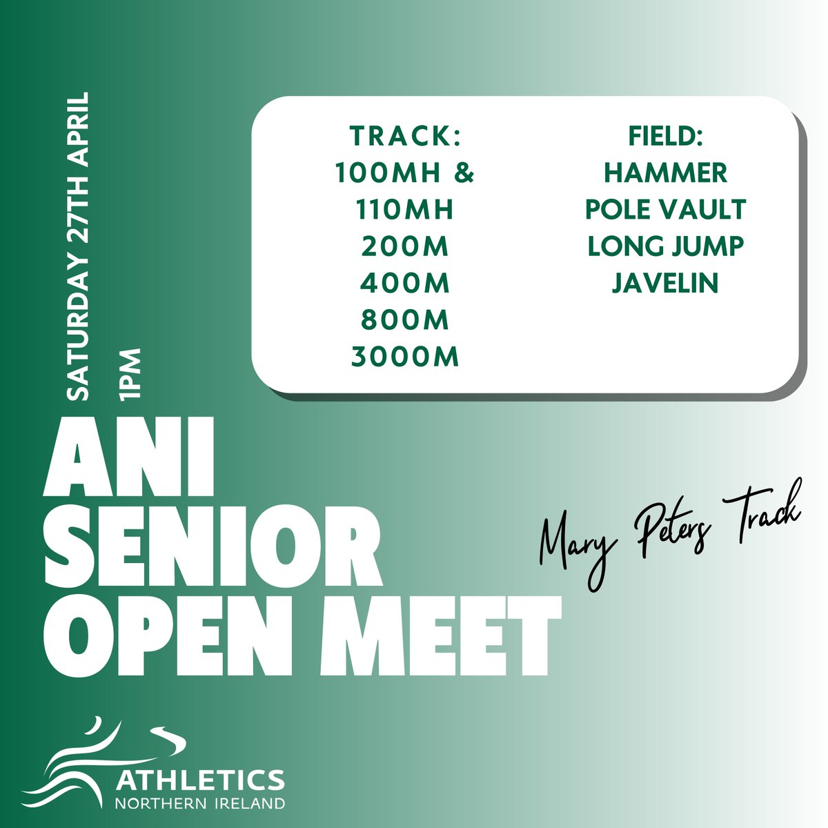 📢 ANI Senior Open Meet The deadline to enter the ANI Senior Open Meet on Saturday 27th April is nearly here! Sign up now 👇 athleticsni.org/Fixtures/ANI-S… #ANIOpenMeet #TrackandField