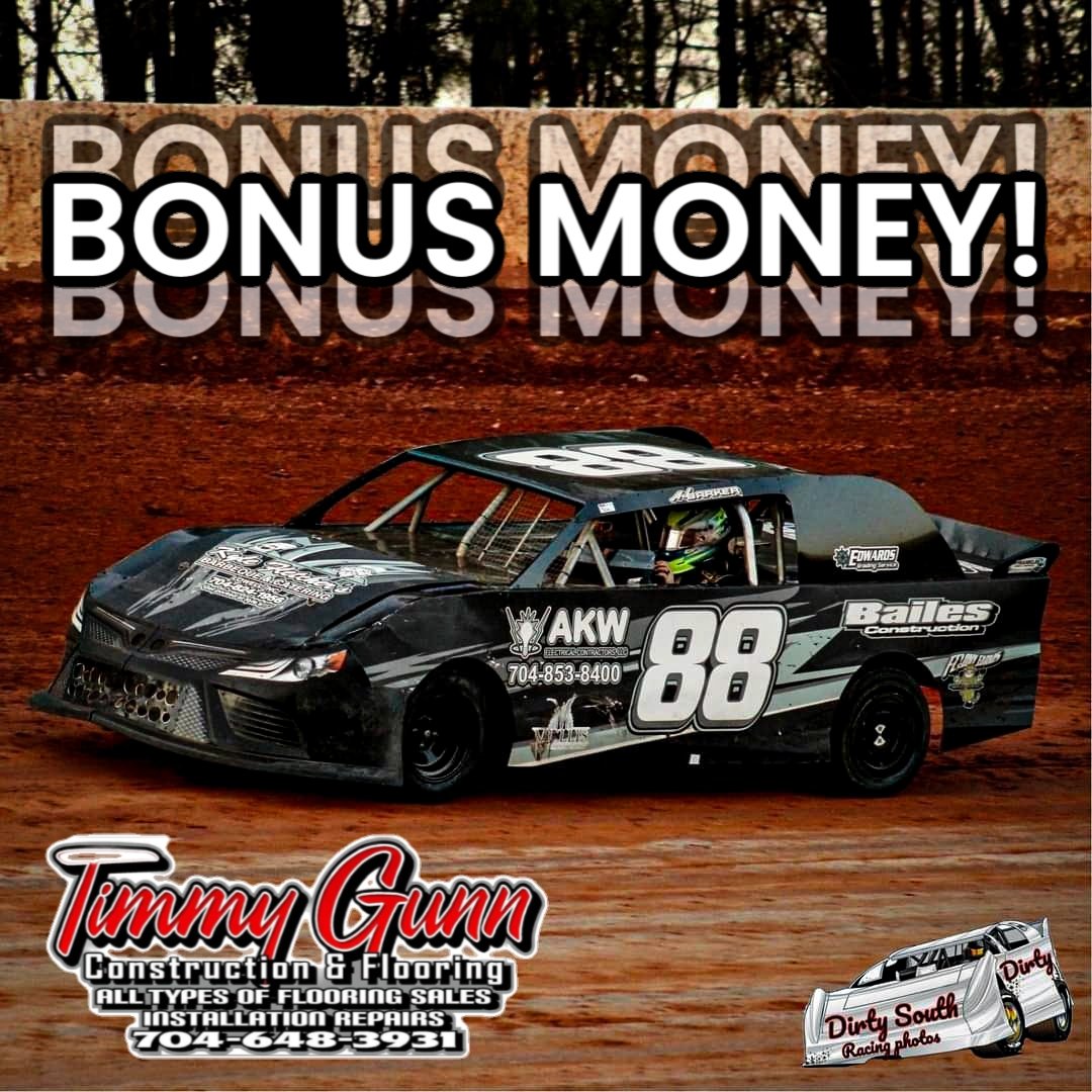 BONUS MONEY!!! 💰💰💰 There has been a little bonus money added to this Saturday's Timmy Gunn Construction Pro 4 feature! Check it out: 👇 1st Place: $100 (Timmy Gunn Construction) 2nd Place: $50 (Cherokee Speedway) 3rd Place: $50 (Cherokee Speedway) #CherokeeSpeedway