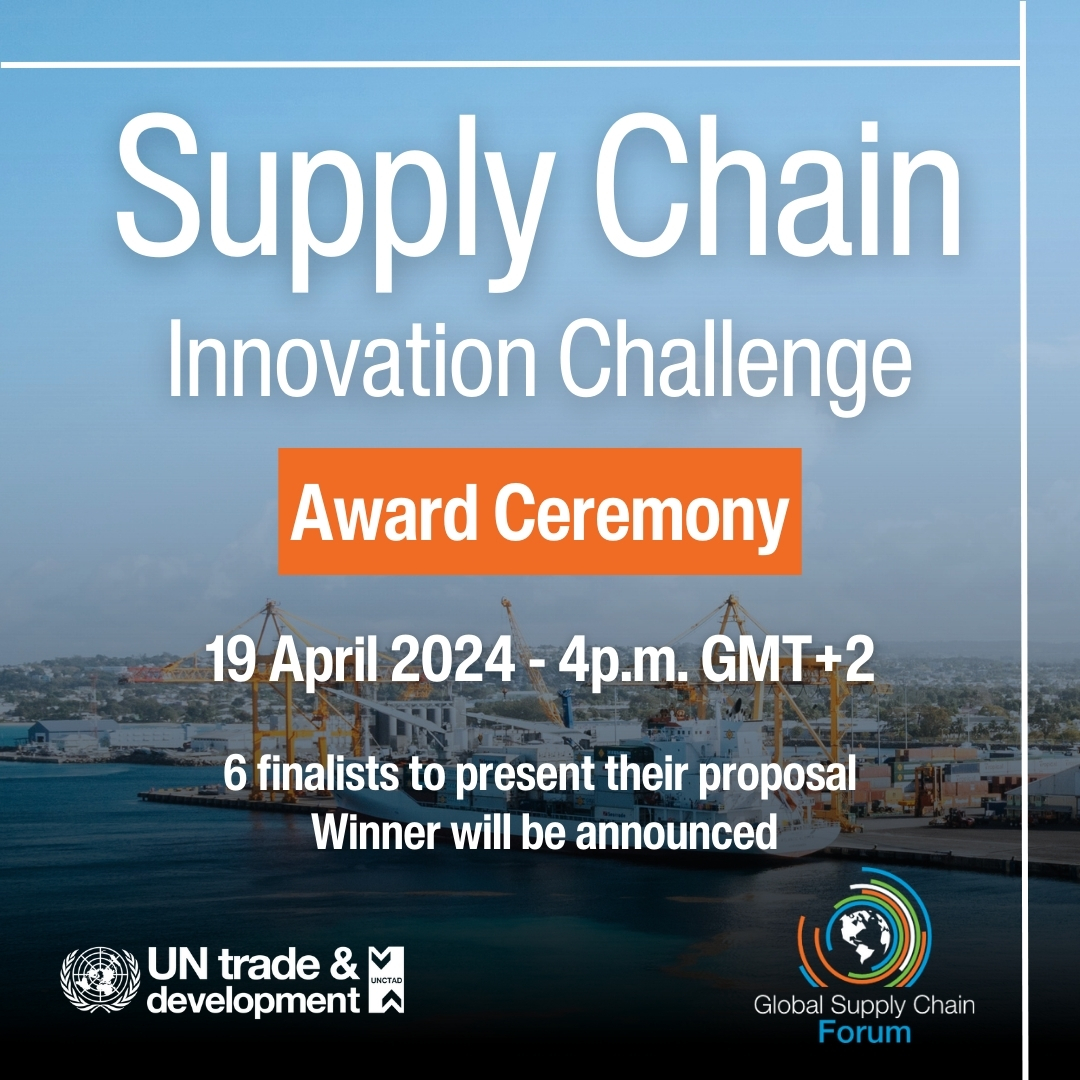 Mark your calendars! ️

The #UNSupplyChain Innovation Challenge Award Ceremony is happening this Friday 19 April at 4p.m. GMT+2! 

Cheer on the finalists & discover the future of global trade: bit.ly/4467xTN

Register & attend: bit.ly/4466xib