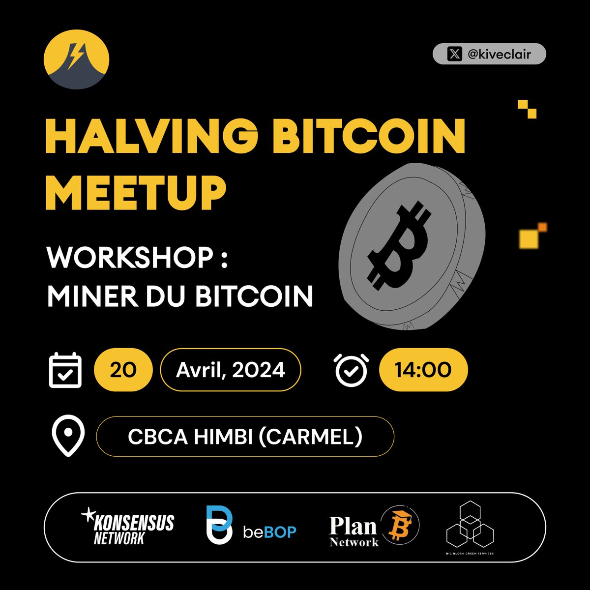 Ce 20 avril, un seul mot d'ordre : 'faire la fête et se chauffer à l'ASIC'. 

Pour cela, nous organisons un #Workshop sur le minage de #bitcoin à CBCA HIMBI (CARMEL). Merci à @BBGreenServices pour les machines et à notre nouveau stagiaire @Loicbtc pour le design🧡