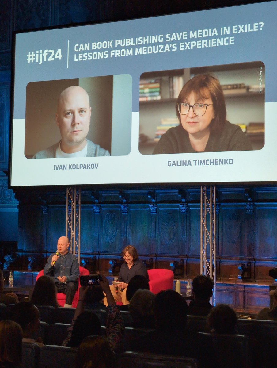 Day 2 at #ijf24. Facing censorship and financial challenges, @meduzaproject launched a publishing house offering forbidden books in print and online. Co-founders Galina Timchenko and @kolpakov shared insights on this groundbreaking project. @journalismfest