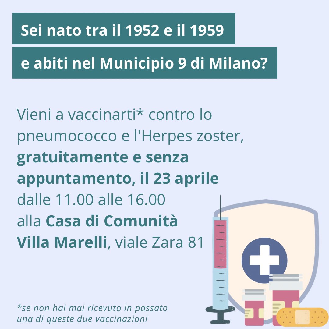 23 aprile: open day vaccinazione anti pneumococco e Herpes zoster 👉Se sei nato tra il 1952 e il 1959 e abiti nel Municipio 9 di Milano, vieni a vaccinarti, gratuitamente e senza appuntamento, alla Casa di Comunità Villa Marelli, viale Zara 81. ⬇️ facebook.com/10007111833631…?
