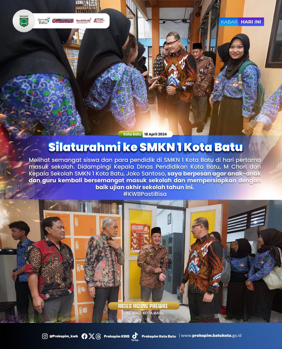 Melihat semangat siswa dan para pendidik di SMKN 1 Kota Batu di hari pertama masuk sekolah. Didampingi Kepala Dinas Pendidikan Kota Batu, M Chori dan Kepala Sekolah SMKN 1 Kota Batu, Joko Santoso, saya berpesan agar anak-anak dan guru kembali bersemangat masuk sekolah.