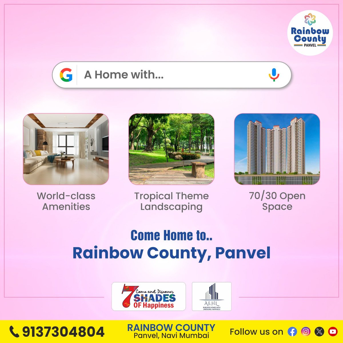 Rainbow County brings you homes with everything you need 

⚡ Premium Residences 2 BHK @ 79.99L All in*, 3 BHK @ 1.10CR  All in*  & Smart 4 BHK @ 1.50 Cr All in. 🏡🏡 For more information, call - 9137304804 ☎️.
#DreamHomes #AEHL #BookNow #HomeSweetHome #RainbowCounty #Panvel
