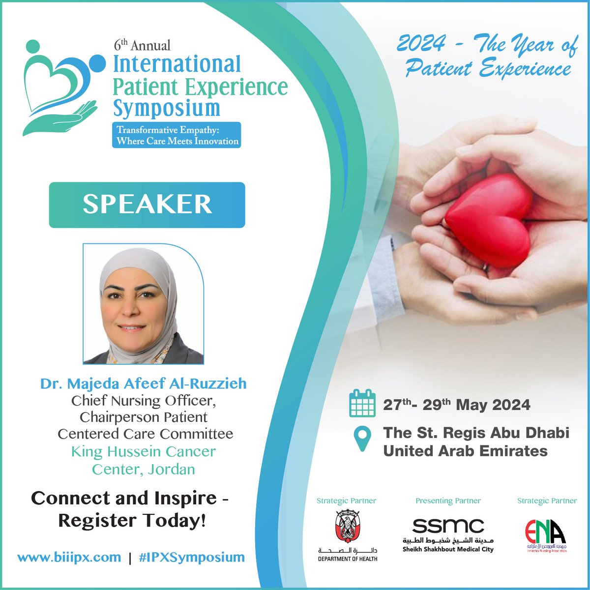 We're honored to have Dr. Majeda Afeef Al-Ruzzieh, Chief #Nursing Officer at King Hussein #Cancer Center, #Jordan, as a distinguished speaker at the 6th Annual International #PatientExperience Symposium!🔗Register Now: biiipx.com/register
#IPXSymposium #HealthcareInnovation