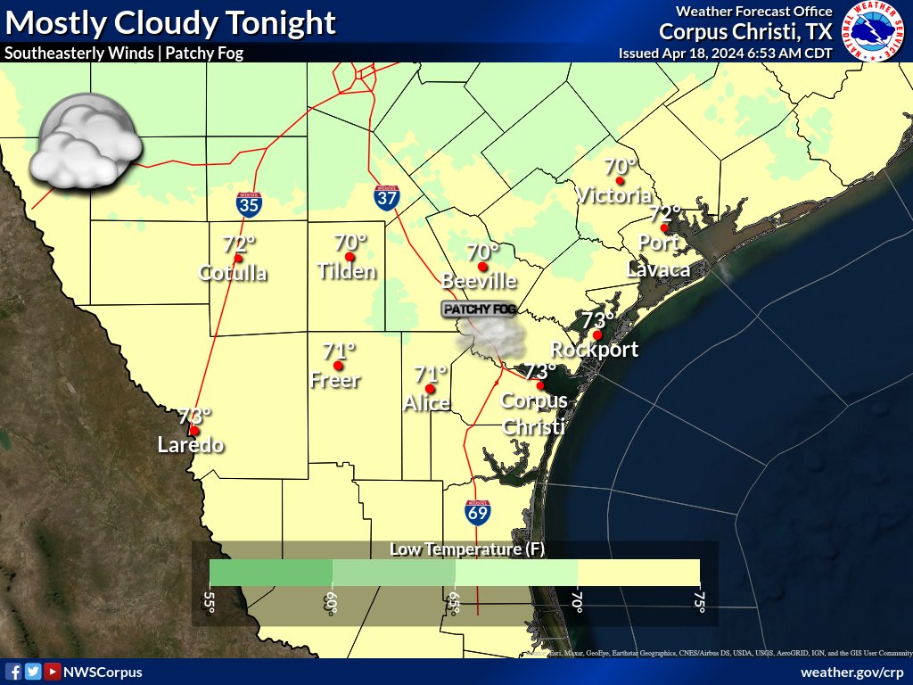 Another round of patchy fog is possible across the Coastal Plains and Victoria Crossroads late tonight. Otherwise, look for mostly cloudy skies with lows in the 70s. #txwx #stxwx