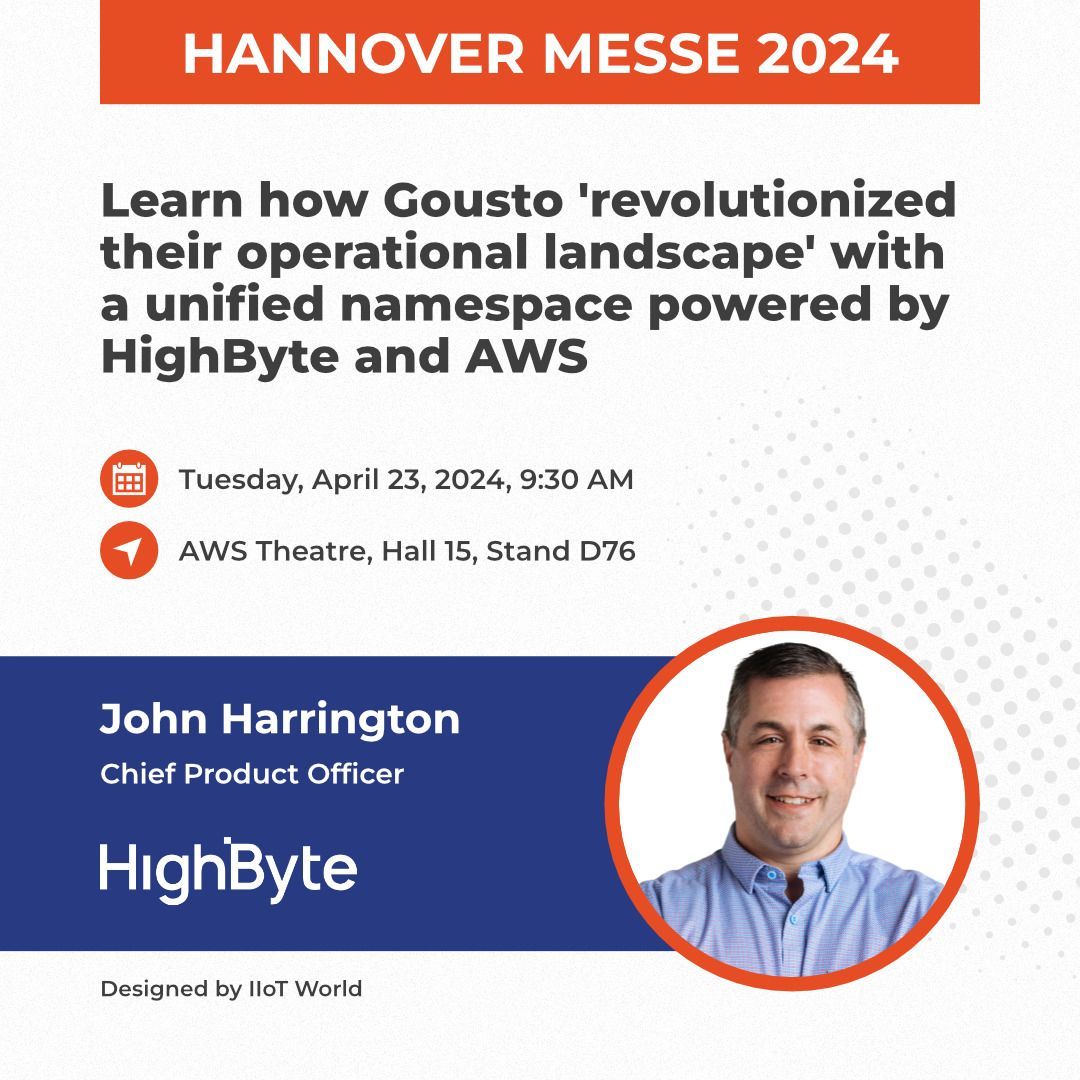 Catch @HighByteInc Chief Product Officer John Harrington's session 'Learn how Gousto 'revolutionized their operational landscape' with a unified namespace powered by HighByte and AWS' in the AWS Theatre on Apr 23 at 9:30 AM. buff.ly/43Vcxui #sponsored #highbyte_iiot #HM24