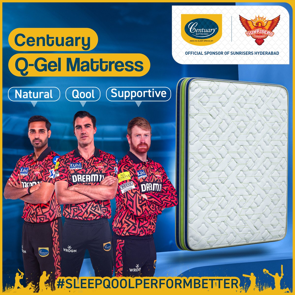 CentuaryKiSleep's tweet photo. No one keeps their #Qool like #Centuary Q-Gel and the boys from The Sunrisers Hyderabad.
CentuaryxSRH
#CentuaryMattress #QGel #Mattress #CuSenseTechnology #ContourFoam #BackSupport #Stability #Comfort #HealthyBack #QualitySleep #Copper #Cooling #CoolingMattress #BeatTheHeat https://t.co/cpUSXdwnYH