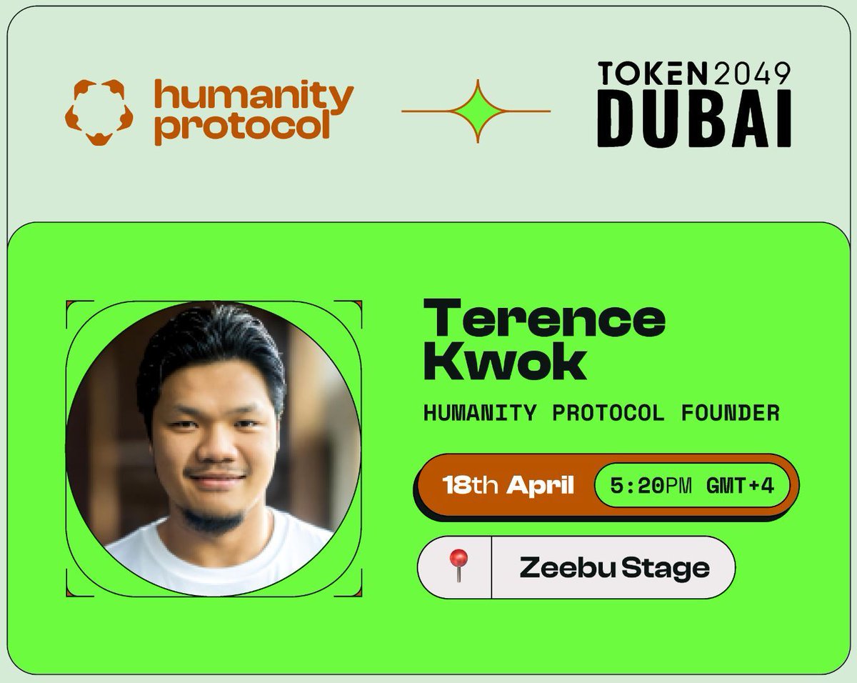 Are you in Dubai for @token2049? Our CEO Terence is set to introduce Humanity Protocol and our Proof of Humanity solution at the Zeebu Stage at 5:20pm. Come say hi! #TOKEN2049