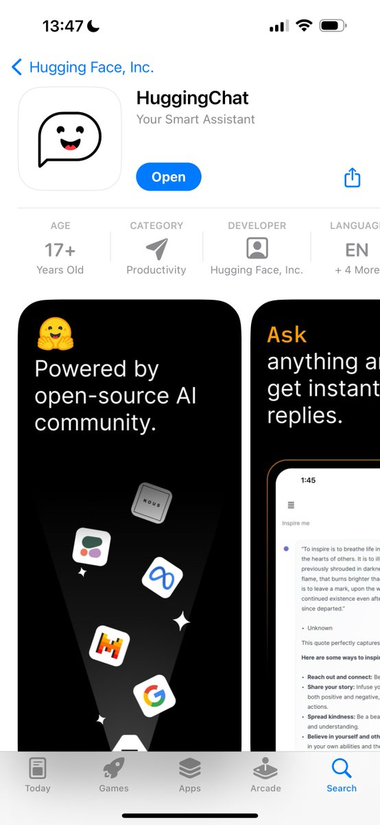 we just shipped HuggingChat on iOS 💬 The app is super polished and gives you access to the community's best open AI models, on the go. Give it a try! link to Appstore below ⤵️