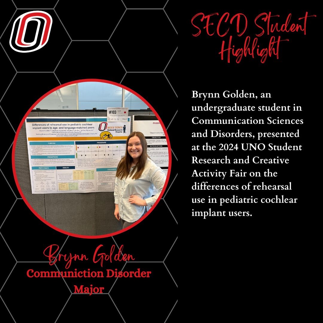 SECD Shoutout to Brynn Golden on her poster presentation at the 2024 UNO Student Research and Creative Activity Fair! #educationmatters #slp #communicationdisorders #communicationsciences #research @UNOSECD @unonsslha @UNOCEHHS @UNOGradStudies @UNOmaha @UNOExpl