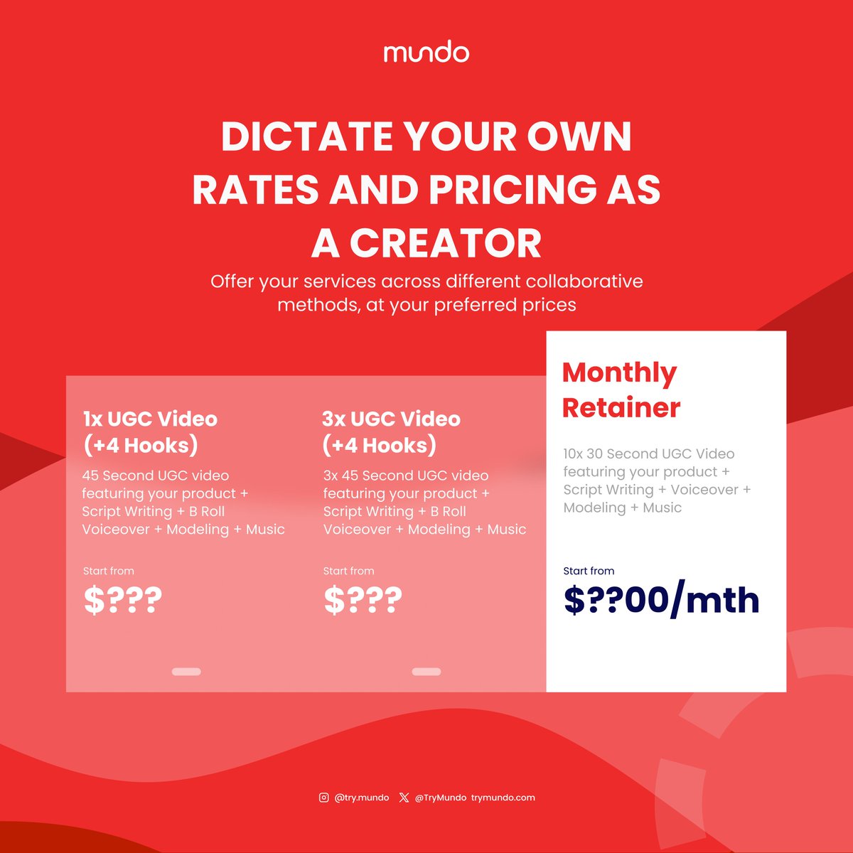 TryMundo's tweet image. There is a huge mismatch between Brands and Creators pricing’s expectations and we want to fix that with Mundo. As a Creator on Mundo, you will be the one to dictate and set your own pricing models, offering different price points with different ways to collaborate !