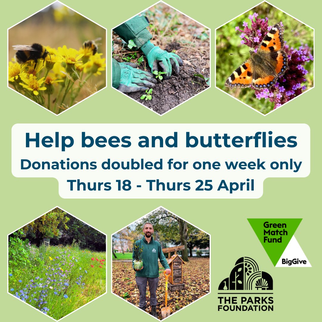 The <a href="/BigGive/">Big Give</a> #GreenMatch Fund is LIVE!   🌱🌼🐝🦋🍏🌸 
Please show your support for our parks and pollinators like bees &amp; butterflies by making a donation: Bit.ly/HelpOurParks20…
Donations made before 25 April will be doubled at no extra cost to you.
Thank you for your support💚