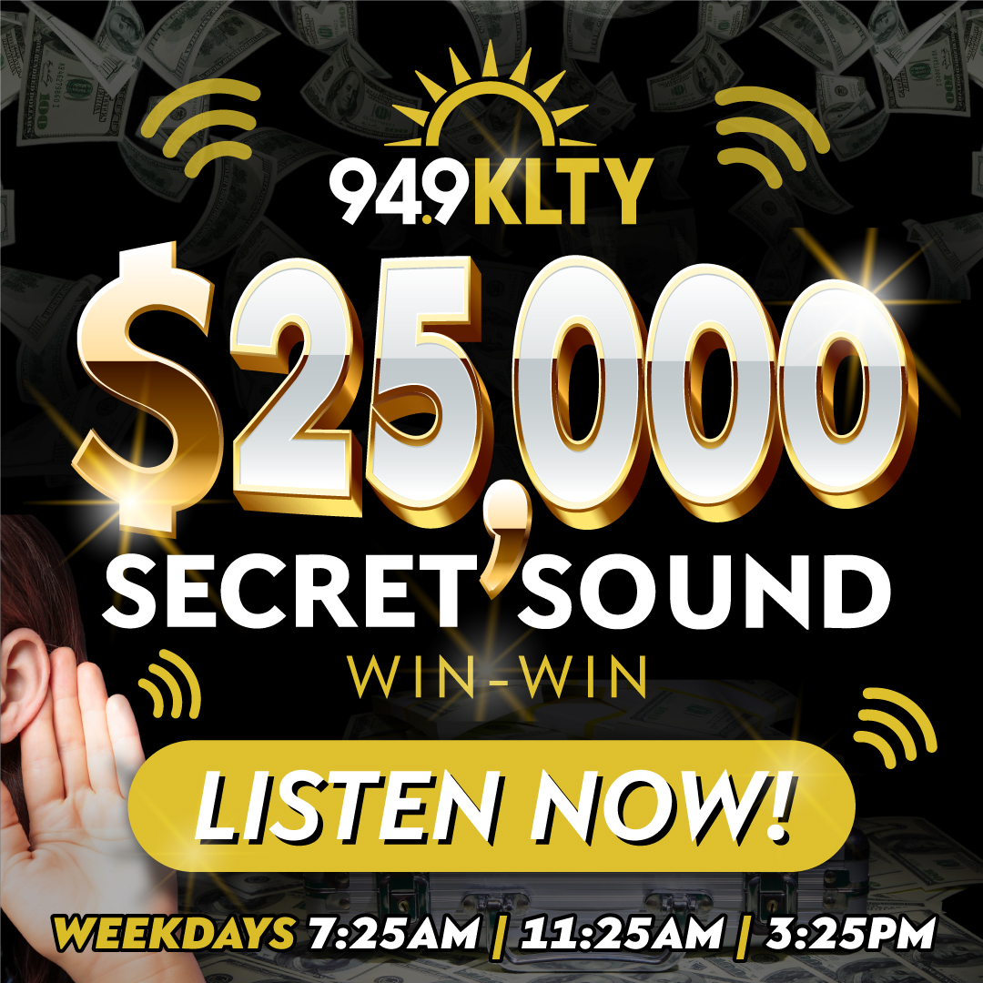 🎉 TODAY starts the 94.9 KLTY $25,000 Secret Sound Win/Win! 🎉 Tune in at 7:25am, 11:25am & 3:25pm to guess the Secret Sound & win $1,000 + $500 to bless someone! 💸 Download the free #KLTY app to listen to the sound as often as you want! 📲 Details: klty.com/member-contest… 🎶