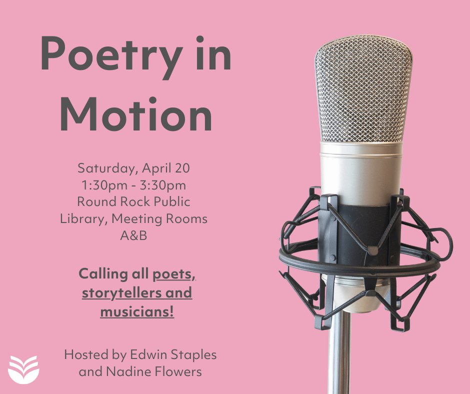 Don't forget Poetry in Motion is meeting this Saturday April 20th 1:30pm-3:30pm! If you have a poem, story, or music you want to play, this is your chance! 

#MyRRPL