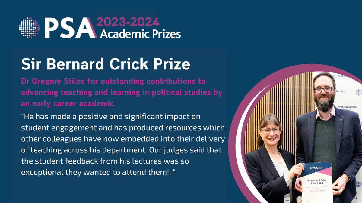 🏆 Spotlight on our Academic Prize winners! This year's Sir Bernard Crick Prize was awarded to @GregoryStiles (@ShefUniPolitics) for outstanding contributions to teaching and learning in political studies. Many congratulations!! 👏👏 More: psa.ac.uk/psa/news/psa-c…