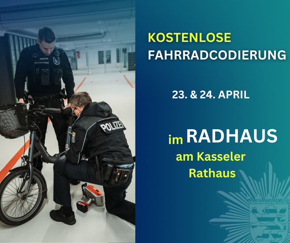 Polizei Nordhessen (@polizei_nh) on Twitter photo Kostenlose Fahrradcodierung am 23. & 24. April im RADHAUS am Kasseler Rathaus durch unsere Fachberater und der <a href="/StadtKassel/">Stadt Kassel</a> in der Zeit von 11 bis 16 Uhr. Keine Anmeldung erforderlich.
Weitere Infos unter:⤵
k.polizei.hessen.de/255800113
Eure Polizei Nordhessen Kostenlose Fahrradcodierung am 23. & 24. April im RADHAUS am Kasseler Rathaus durch unsere Fachberater und der <a href="/StadtKassel/">Stadt Kassel</a> in der Zeit von 11 bis 16 Uhr. Keine Anmeldung erforderlich.
Weitere Infos unter:⤵
k.polizei.hessen.de/255800113
Eure Polizei Nordhessen