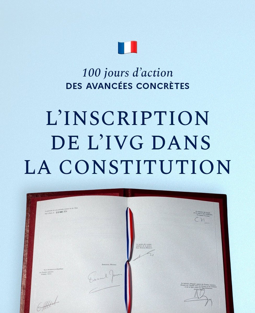 100 jours d'action : l'inscription de l'#IVG dans notre Constitution ! 🇫🇷 La France a transmis un message historique au monde entier : notre corps nous est propre et nul n'a le droit d’en disposer à notre place.